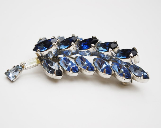 Blue Rhinestone Brooch l - Flower Leaf floral pin - silver tone - mid century