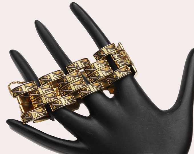 Wide Damascene Link bracelet - 4 rows of gold black enameling links - Safety chain