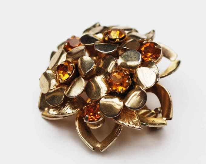 Coro Rhinestone Brooch - Amber orange Glass - Layerd domed - Flower Floral - Atomic - mid Century pin