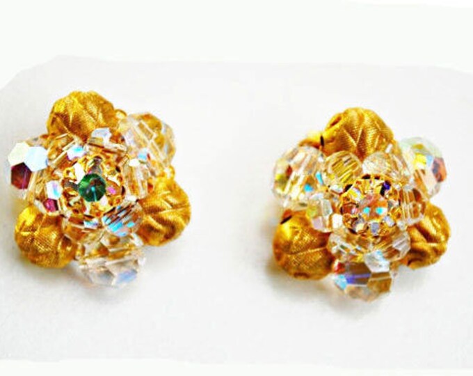 Crystal and Gold Cluster earrings Pat Pend AB glass clip on earrings