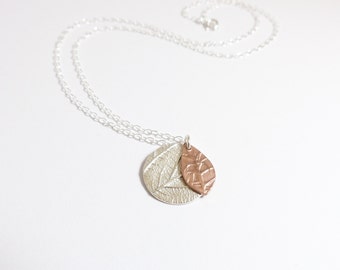 Silver Disc Necklace - Copper Necklace - Delicate Necklace - Nature Necklace - Gifts for Her - Round Pendant - Leaf Necklace