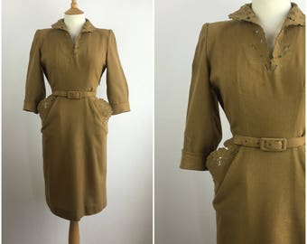 Vintage 1940s Dress - Green Wool 40s Tea Dress - 40s Formal Dress - Sheath Dress - Wiggle Dress - Medium - UK 12 / US 8 / EU 40 -