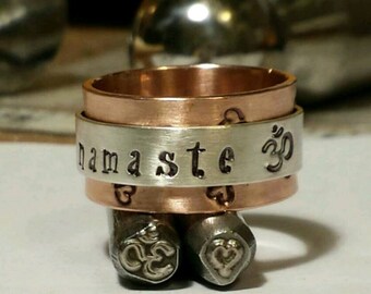 Custom personalized Buddhist Namaste copper silver spinning spinner fidget spin ring