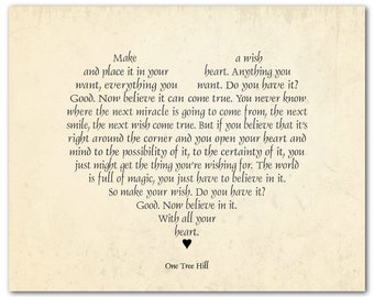 Make a wish and place it in your heart Inspirational Heart Typography Print - Unique Gift for Girl - Graduation Gift - One Tree Hill Quote