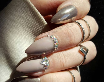 Grey Nude Silver Chrome with Swarovski Crystal Accents Glue on Gel Fake Nails