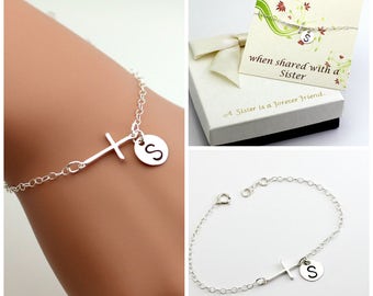 Sterling silver cross bracelet, monogram bracelet, Personalized bracelet. Sister bracelet. Mother bracelet, best friend brac
