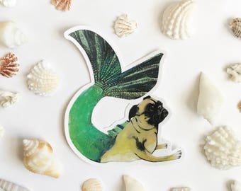 Mermaid Pug Sticker | Mermaid Dog Sticker | Vinyl Sticker | Car Sticker | Laptop Sticker | Outdoor Sticker | Phone Sticker