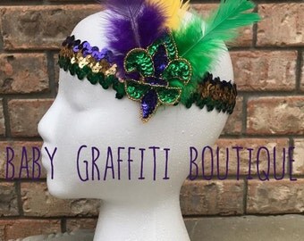 Fleur de Lis Mardi Gras Headband with Feathers