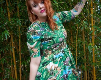1950's Style Dinosaur Dress, Rockabilly Dress, Vintage Clothing, Vintage Dress, Retro Clothing, Retro Print, 50s Dress, Dinosaur Print
