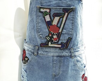 Distressed Denim Patch Overalls, Denim Overalls Designer Inspired USA Size 10