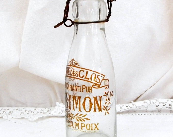 Rare Antique French Glass and Porcelain Milk Bottle "Ferme des Clos J. Simon Quincampoix", Farmhouse, Country Decor, Kitchen, Collectible,