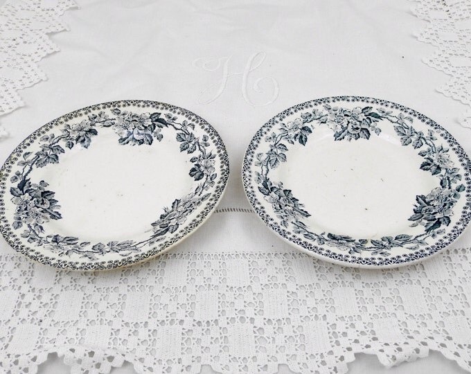 2 Antique French H.B.C.M China Dessert Plates with Dark Blue Transferware Wild Rose Pattern, Chateau, Chic, French Country Decor, Cottage