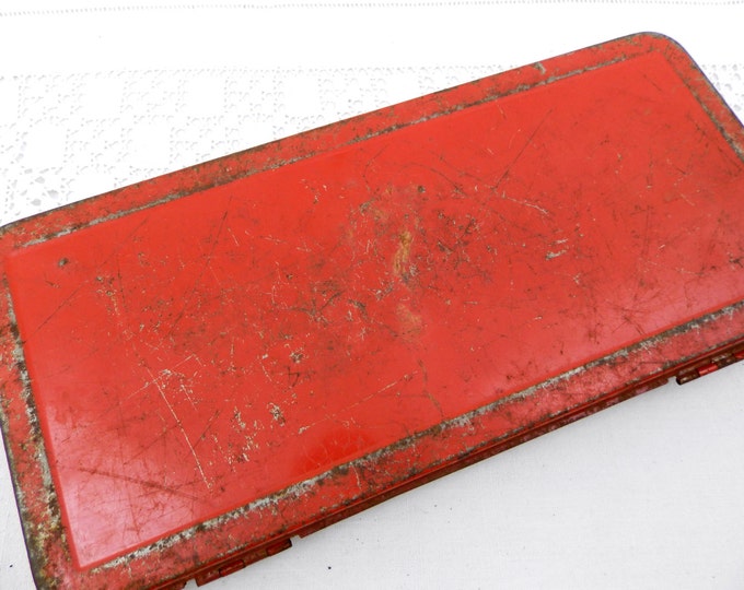 Vintage French Red Metal Tool Kit Box Rusty Distressed Patina, Retro, Garage, Decor, Home, Interior, Brocante, Industrial, Upycle, Prop