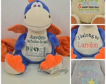 Personalized Dragon - Custom Stuffed Animal - Keepsake - Personalized Baby Gift - Birth Stats Stuffed Animal - Dragon Cubby Animal