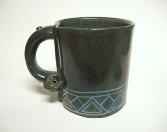 MADE TO ORDER- Wake and Bake Mug in Dark Gray with Diamond Pattern in Blue, Smoking Pipe Mug