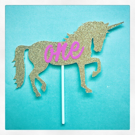 Unicorn Cake Topper Gold or Silver Glitter with Hot Pink Text