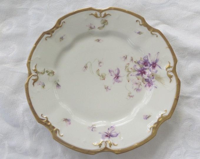 Vintage Limoges France Plate, LS & S Violets, Handpainted, Gold Rim, Wall Plate, 9 Inch