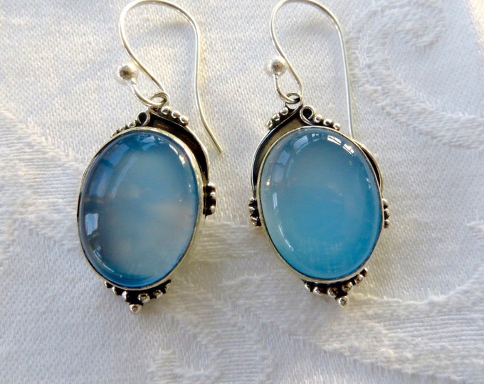 Blue Chalcedony Sterling Earrings, Pierced Drop Earrings, Blue Chalcedony Stones, Gemstone Earrings