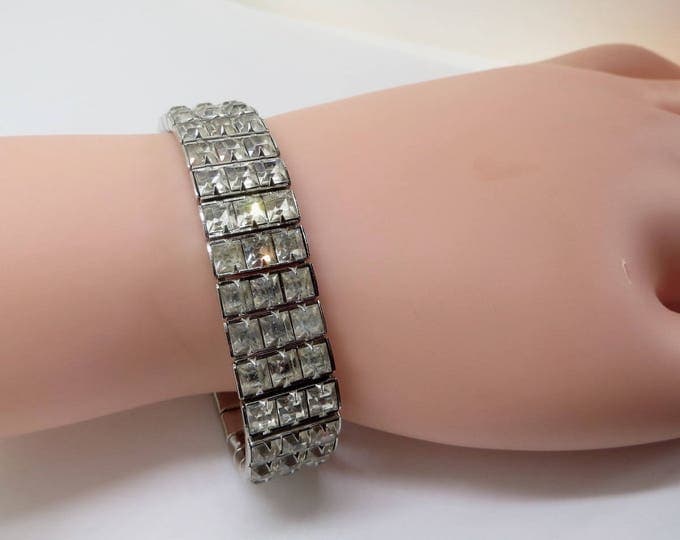 Art Deco Crystal Bracelet, Channel Set, Rhodium Setting, 1950s Bracelet, Wedding Bridal Jewelry