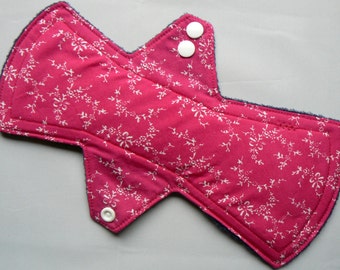 6" 8" 10" 12" 14" Cloth Menstrual Pad light, regular, heavy, cotton top, fleece back, white flowers on cerise