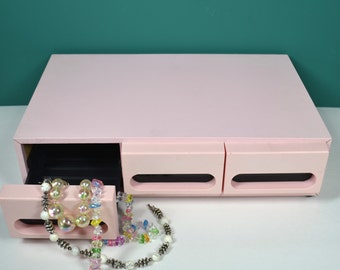 Blush Pink 3-Drawer Storage Display Box, Pastel Pink Cassette Tape Holder, Repurposed Cassette Box, Jewelry / Craft Supplies Organizer
