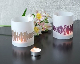 MILAN Skyline print, tablelight set of 2 lanterns, romantic candlelight fume plum, city shade MILAN, unique wedding gift, made by 44spaces