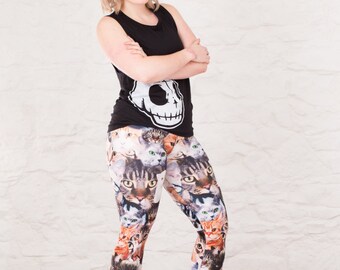 Adult Cat Leggings. Funky cat faces on leggings for her or him. Sportwear or fashion. Crazy print and custom sizing available