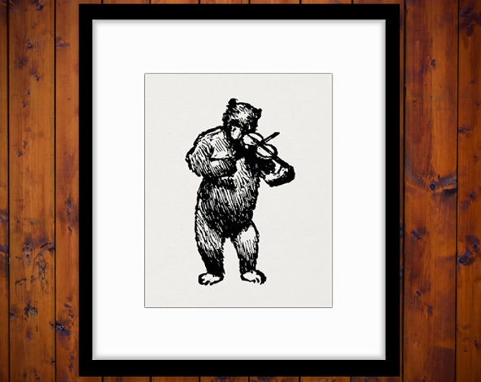 Printable Bear Playing Violin Image Digital Illustration Download Graphic Vintage Clip Art Jpg Png Eps HQ 300dpi No.3007