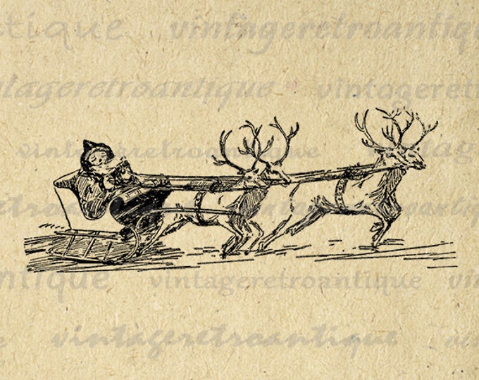 Santa Claus with Sleigh and Reindeer Digital Image Download Printable Graphic Vintage Clip Art Jpg Png Eps HQ No.2379