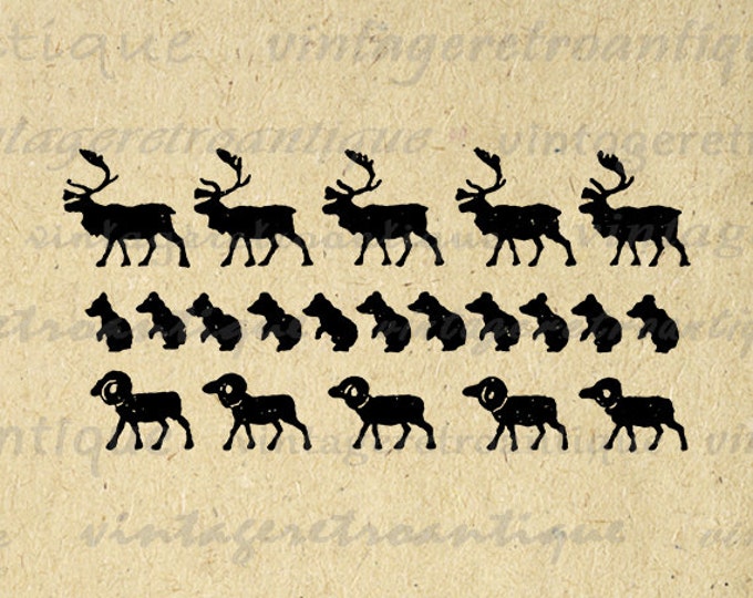 Printable Digital Animals Pattern with Deer Bears and Rams Download Graphic Image Antique Clip Art Jpg Png Eps HQ 300dpi No.848