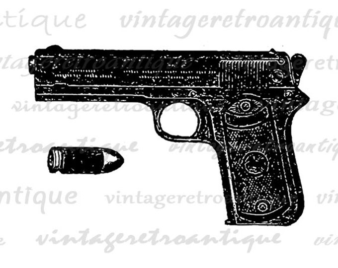 Gun and Bullet Image Printable Graphic Pistol Download Handgun Digital Vintage Clip Art Jpg Png Eps HQ 300dpi No.1308