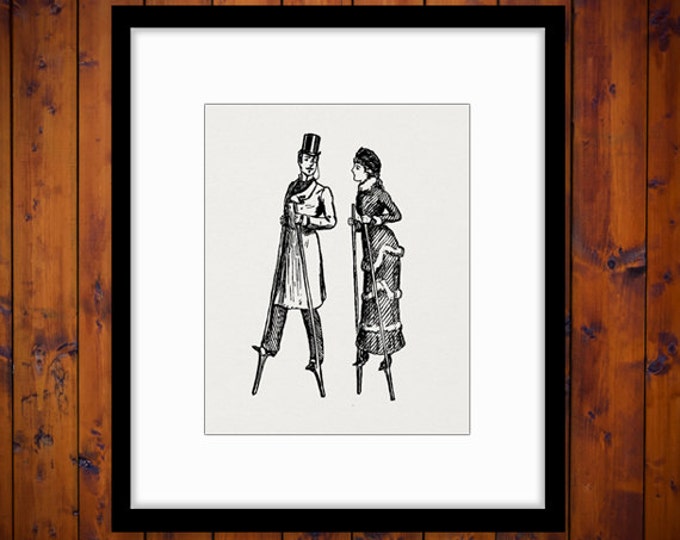 Antique Man and Woman on Stilts Digital Image Download Illustration Printable Graphic Artwork Vintage Clip Art HQ 300dpi No.1705