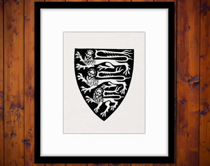 Lion Coat of Arms Printable Image Graphic Medieval Shield Digital Download Antique Clip Art Jpg Png Eps HQ 300dpi No.1586