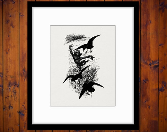 Scarecrow with Crows Flying Birds Printable Graphic Digital Illustration Download Image Antique Clip Art Jpg Png Eps HQ 300dpi No.1758