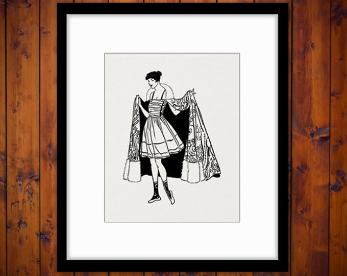 Old Fashioned Woman with Skirt and Cape Graphic Image Digital Download Printable Vintage Clip Art Jpg Png Eps HQ 300dpi No.4256