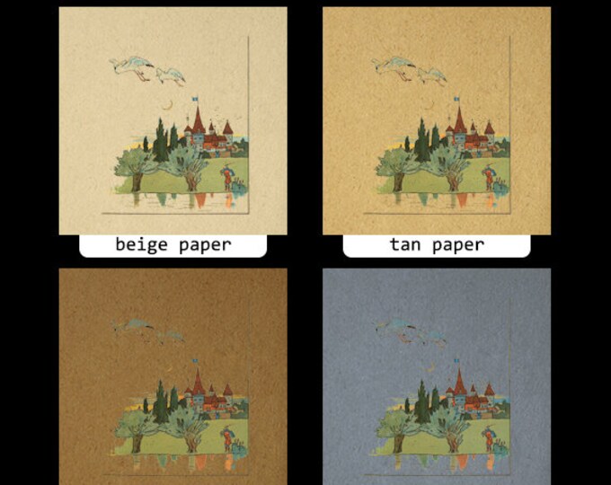 Printable Digital Medieval Castle and Birds Graphic Image Color Artwork Download Antique Clip Art HQ 300dpi No.2324