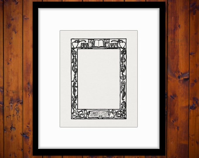 Printable Graphic Cute Frame with Owls Books Rabbits Image Digital Download Vintage Clip Art Jpg Png Eps HQ 300dpi No.2923