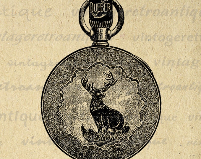 Digital Deer Pocket Watch Image Download Engraved Printable Illustration Graphic Vintage Clip Art Jpg Png Eps HQ 300dpi No.1448