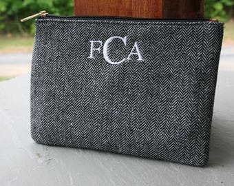 Personalized Cosmetic Bag Gray Herringbone Monogrammed Makeup Case