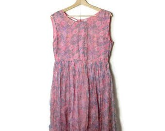 Vintage Pale Pink x Floral Sleeveless Rayon Sun Dress from 1980's*