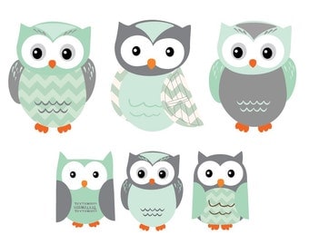 Owl Wall Decal, Owl Wall Stickers, Owl stickers, Nursery Wall Decal, Gender Neutral, Mint and Grey Design