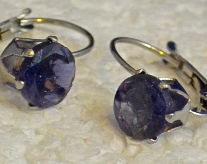 Iolite Leverback Earrings, 8mm Round, Natural, Set in Stainless Stell E1047