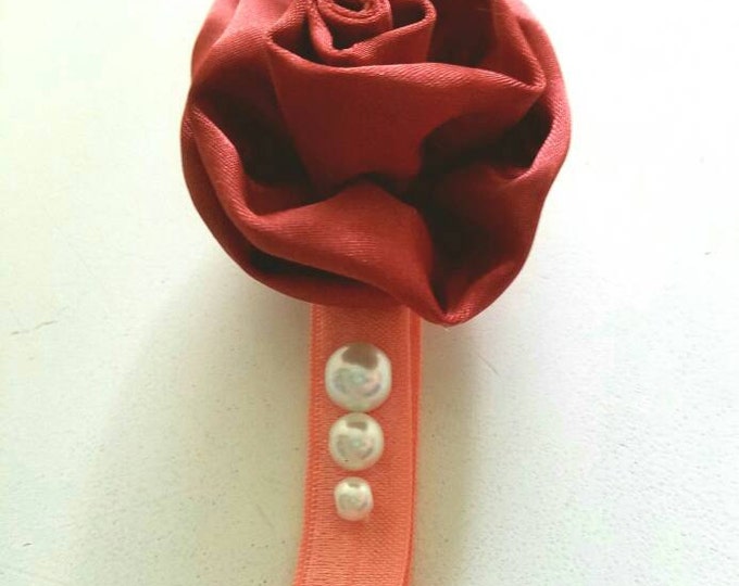 Pink Headband with Vintage Red Rose and White Beads