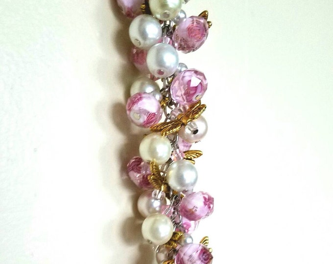 White Bead Pink Rose Glass Bead Gold Dragonfly Wing Cluster Toggle Bracelet