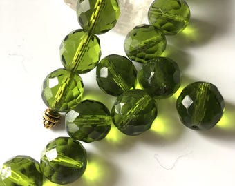 Czech Glass Bead 12 mm fire Polish Faceted Olive Green Bead 15 pieces.