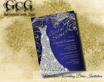Wedding Dress Bridal Shower Invitation, Wedding Shower Invitation Bridal gown invitation Bridal Shower invitations Navy & Silver Rhinestone