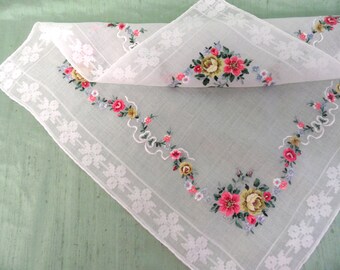 Embroidered floral handkerchief / petit point needlepoint hankie
