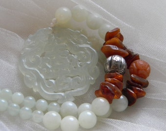 Jade pendant & carved carnelian bead w new jade beads necklace , light green jade pendant , jade jewelry , jade prosperity talisman w amber
