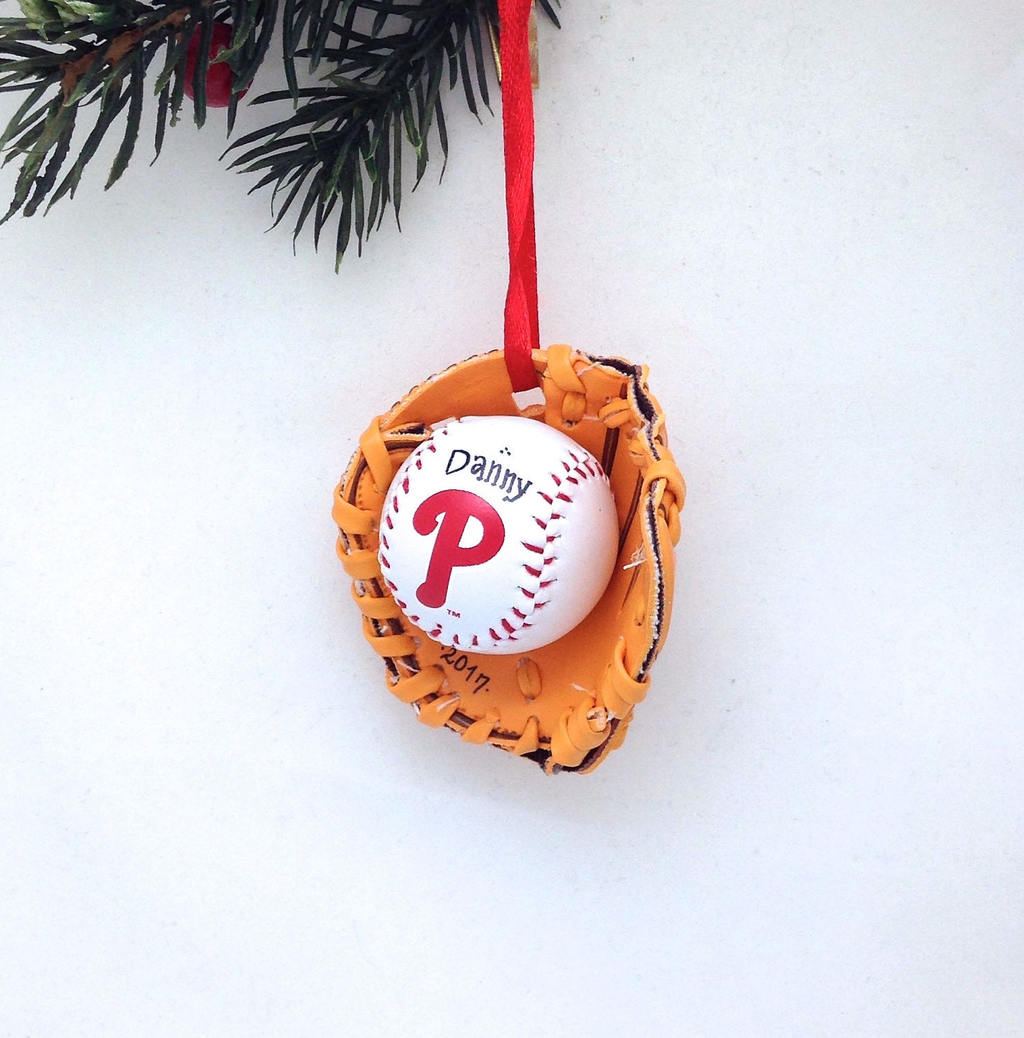 Personalized Phillies Baseball Glove Christmas Ornament