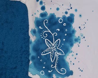 6 - 9 Months - Blue Starfish with Bubbles - Hand Painted - Shortsleeve